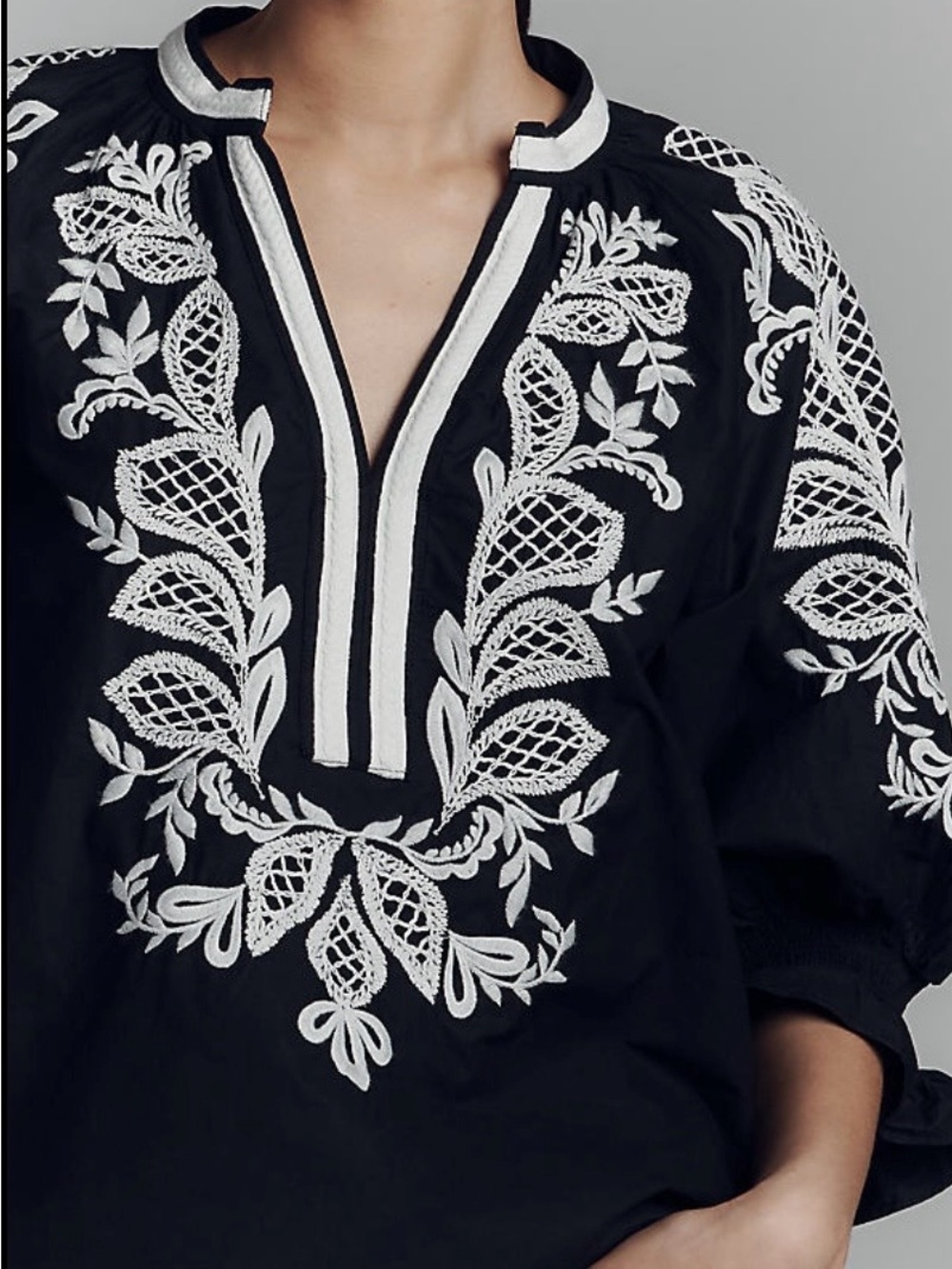 Maeve Black Peasant Top with White Embroidery - Picture 2 of 9